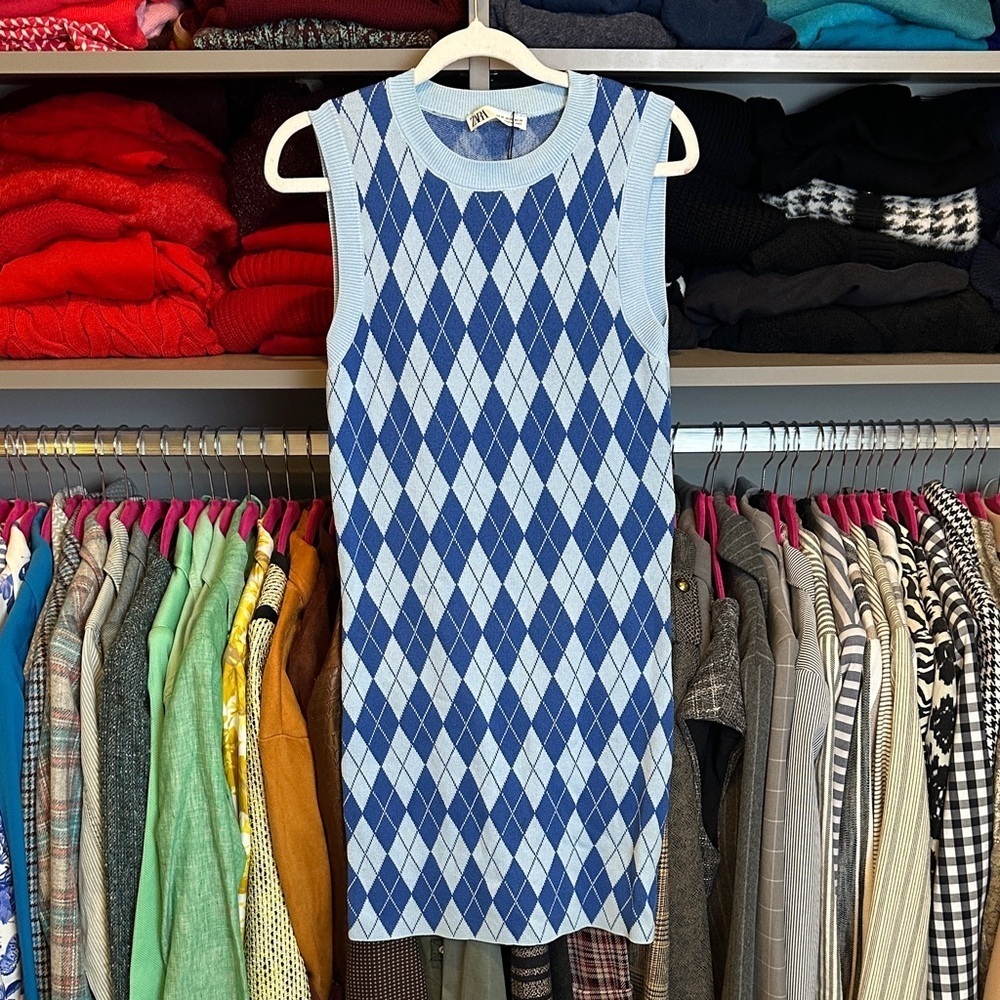Zara blue argyle sleeveless sweater dress size XS NWOT